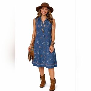 Vintage Women L Button Front Denim Jean Floral Dress Festival Boho Rodeo Cowgirl
